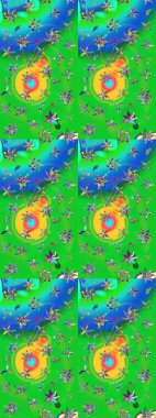 Yeşil ve mavi renkte çiçekler. Hediye ambalaj kağıdı, tebrik kartları, posterler ve pankart tasarımı. Raster düz çiçek çizim deseni.