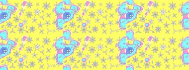 Raster. Sarı ve mavi renkte güzel çiçekli eskiz deseni, suluboya çiçek deseni, duvar kağıdı, kart veya kumaş için fayanslı.