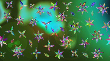 Raster Floral Illustration, Asyalı tekstil. Yeşil ve mavi renkli etnik çiçeklerle zarif bir eskiz deseni.