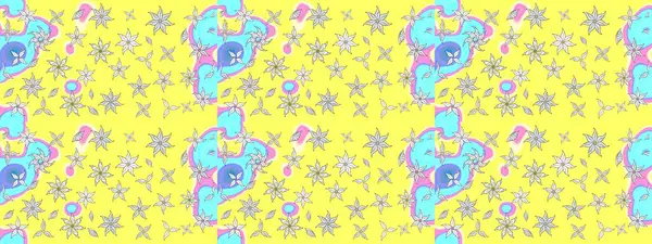 Raster. Sarı ve mavi renkte güzel çiçekli eskiz deseni, suluboya çiçek deseni, duvar kağıdı, kart veya kumaş için fayanslı.