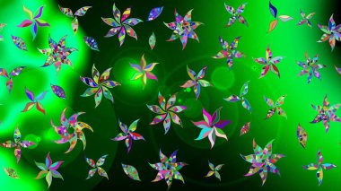Çiçekli karalama şeklinde Raster çiçek deseni. Raster illüstrasyonu. Yeşil ve mavi renklerde bahar çiçekleri..