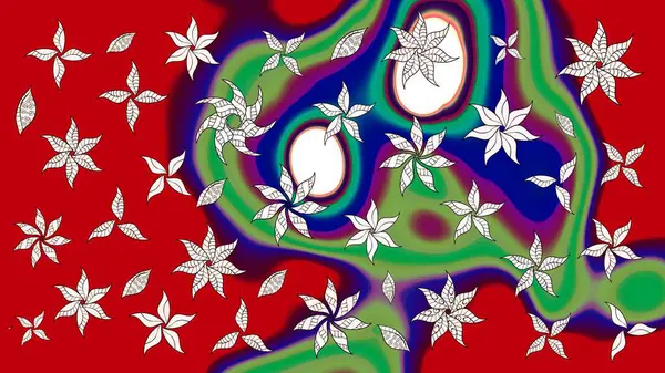 Üzerinde gelincikler ve vadi zambakları olan renkli çiçek desenli nakış deseni. Tekstil tasarımı için kırmızı ve yeşil renkli geleneksel halk çiçekleri..