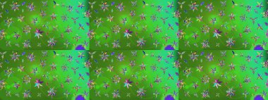 Raster illüstrasyonu. Yeşil ve mavi renkli yapraklı yabani çiçekler. Eskiz arkaplan modeli. Suluboya, elle çizilmiş.