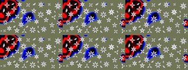 Sevimli çiçek raster deseni. Düz Çiçek Elementleri Tasarımı. Yeşil ve siyah renkli çiçekler. Renk Bahar Teması eskiz şablonu.