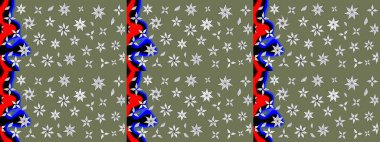 Yeşil ve nötr renklerde etnik çiçeklerle süslenmiş zarif bir eskiz. Asya Tekstil 'inde Raster Çiçek İllüstrasyonu.