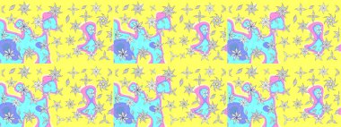 Düz Çiçek Elementleri Tasarımı. Raster Illustrasyon 'daki Çiçek Deseni' nin son moda çizimi. Renkli Yaz Temalı eskiz kalıbı. Güzel kumaş deseni.