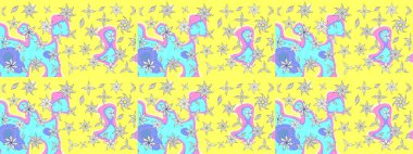 Düz Çiçek Elementleri Tasarımı. Raster Illustrasyon 'daki Çiçek Deseni' nin son moda çizimi. Renkli Yaz Temalı eskiz kalıbı. Güzel kumaş deseni.