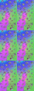 Halk tarzı. Moda baskıları için zarif bir şablon. Modern çiçek arkaplanı. Parlak renkli çiçekleri ve mor ve yeşil renkte yaprakları olan muhteşem bir çiçek deseni..