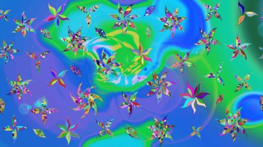 Renkli Yaz Temalı eskiz kalıbı. Düz Çiçek Elementleri Tasarımı. Mavi ve yeşil renkli çiçekler. Sevimli çiçek raster deseni.