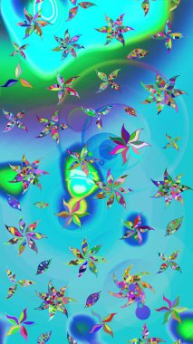 Mavi ve yeşil renkli çiçekler. Çiçekli karalama şeklinde Raster çiçek deseni. Yumuşak, bahar çiçekli arka plan.