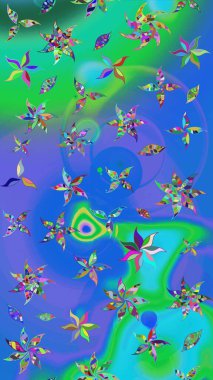 Parmak izi, kumaş, duvar kâğıdı, tekstil için raster dokusu. Renkli grunge, soyut arkaplanı kolomavi ve yeşil çiçeklerle süslüyor. Nakış desenli çiçek deseni..