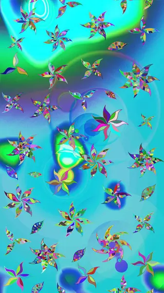 Mavi ve yeşil renkli çiçekler. Çiçekli karalama şeklinde Raster çiçek deseni. Yumuşak, bahar çiçekli arka plan.