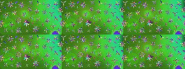 Raster illüstrasyonu. Yeşil ve mavi renkli yapraklı yabani çiçekler. Eskiz arkaplan modeli. Suluboya, elle çizilmiş.