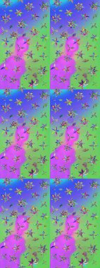 Halk tarzı. Moda baskıları için zarif bir şablon. Modern çiçek arkaplanı. Parlak renkli çiçekleri ve mor ve yeşil renkte yaprakları olan muhteşem bir çiçek deseni..