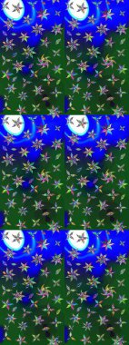 Modern çiçek arkaplanı. Moda baskıları için zarif bir şablon. Parlak renkli çiçekleri ve yeşil ve mavi renkli yaprakları olan harika bir çiçek deseni. Halk stili.