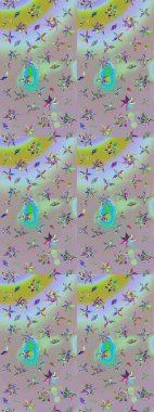 Raster - stok. Yapraklı çiçekler ve doğal ve gri renklerde papatya çiçekleri. Taslak arkaplan deseni.