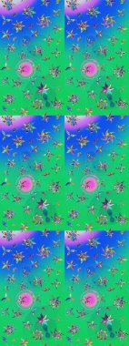 Raster illüstrasyonundaki çiçek desenli çizim. Yeşil ve mavi renkte çiçekler.