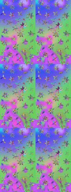 Raster - stok. Yapraklı çiçekler ve mor ve yeşil renklerde papatya çiçekleri. Taslak arkaplan deseni.