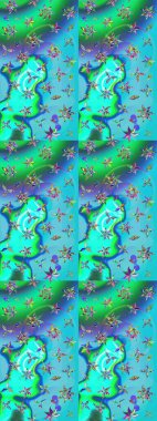 Soyut etnik raster çizim kalıbı. Kabile sanatı boho baskısı, klasik çiçek arkaplanı. Arkaplan dokusu, duvar kağıdı, mavi ve yeşil renkli çiçek teması.