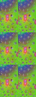 Raster illüstrasyonu. Raster illüstrasyonu. Yeşil ve mor renkli çiçekler. Asya tekstil tarzında. Çiçek desenini çiz.