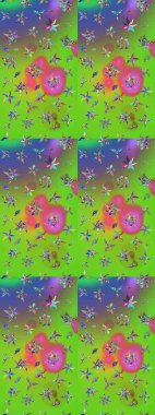 Nazikçe, güzel çiçek arkaplanı. Çiçekli karalama şeklinde Raster çiçek deseni. Yeşil ve mor renkte çiçekler.