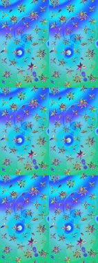 Düz Çiçek Elementleri Tasarımı. Raster illüstrasyonu. Çiçek desenli çizim. Mavi ve yeşil renkli çiçekler. Asya tekstil tarzında. Renkli Bahar Teması çizim şablonu.