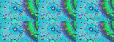 Moda baskıları için zarif bir şablon. Modern çiçek arkaplanı. Halk tarzı. Parlak renkli çiçekleri olan ve mavi ve yeşil renkli yaprakları olan inanılmaz bir çiçek deseni..