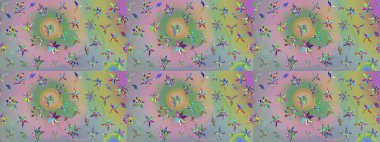 Tarafsız ve yeşil renklerdeki çok renkli ve yeşil zarif küçük çiçekler ve komik böcekler, raster desen, illüstrasyon.