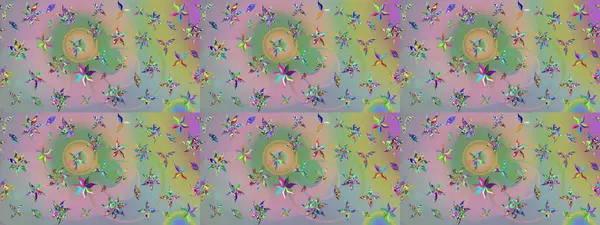 Tarafsız ve yeşil renklerdeki çok renkli ve yeşil zarif küçük çiçekler ve komik böcekler, raster desen, illüstrasyon.