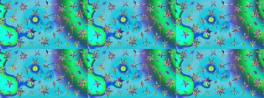 Üst manzara, yumuşak mavi ve yeşil renk tarzı. Sevgililer günü ve tebrik kartı konsepti için şık bir davetiye. Çiçek kompozisyonu, el boyası, hassas şablon. Manzaralı çiçek deseni.