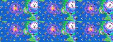 Çiçekli karalama şeklinde Raster çiçek deseni. Mavi ve yeşil renkli çiçekler. Nazik, narin çiçek arkaplanı.