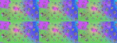 Raster illüstrasyonu. Çiçekli karalama şeklinde Raster çiçek deseni. Yumuşak, bahar çiçekleri yeşil ve mor renklerde.