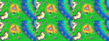 Raster suluboya çiçek deseni, narin çiçekler, yeşil ve mavi çiçekler, tebrik kartı şablonu. Güzel kumaş deseni.