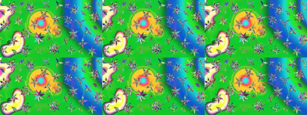 Çocuksu tasarım. Elle çizilmiş çiçek desenli Raster çizimi. Yeşil ve mavi arka planda. Tekstil, kumaş, ambalaj, hatıra defteri için güzel çiçek arkaplanı..