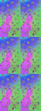 Raster illüstrasyonu. Mor ve yeşil renkte çiçekler. Çiçek desenli çizim. Asya tekstil tarzında. Raster illüstrasyonu.