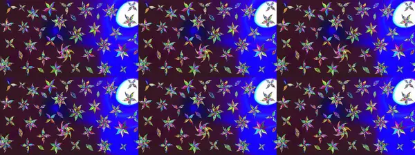 Renkli Bahar Teması eskiz kalıbı. Kahverengi ve mavi renkli çiçekler. Asya tekstil tarzında. Düz Çiçek Elementleri Tasarımı. Çiçek desenli çizim. Raster illüstrasyonu.