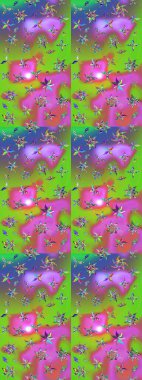 Düz Çiçek Elementleri Tasarım Raster illüstrasyonu. Yeşil ve mor renkli çiçekler. Renkli Bahar temalı eskiz kalıbı. Çiçekli çiçek deseni, suluboya..