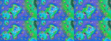 Düz Çiçek Elementleri Tasarımı. Renkli Bahar Teması eskiz kalıbı. Sevimli çiçek raster deseni. Mavi ve yeşil renkte çiçekler.