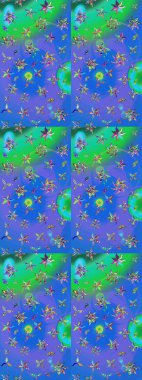 Bahar mevsimi. Raster güzel bir çiçek deseni çizmiş. Mavi ve yeşil renkli çiçekler. Tatil havası. Nazik romantik baskı.