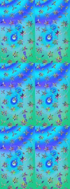 Çiçekli güzel suluboya desen. Mavi ve yeşil renklerde. Raster illüstrasyonu.