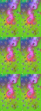 Raster deseni. Raster illüstrasyonu. Küçük çiçekteki sevimli çiçek deseni. Yumuşak, yaz çiçekleri yeşil ve mor renklerde.