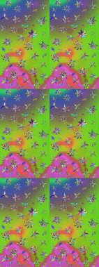 Parlak çiçekli yeşil ve mor renkler üzerine soyut çizim deseni. Çiçeksel elementlerle süslenmiş zarif raster dokusu. Küçük çiçekte şirin bir çiçek deseni var..