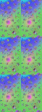 Raster illüstrasyonu. Küçük çiçekli basit bir çiçek çizimi. Moda baskısı, albüm, ambalaj kağıdı ve duvar kağıdı için zarif dekoratif süslemeler. Yeşil ve mor renkli şirin çiçekler..