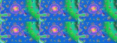 Mavi ve yeşil renklerde. Raster illüstrasyonu. Çiçek buketleriyle klasik tarzda eskiz deseni.