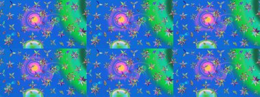 Raster illüstrasyonu. Mavi ve yeşil renklere karalamalar çizilmiş çiçek deseni.