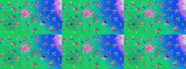 Yeşil ve mavi renkli Asya tekstili. Raster illüstrasyonu. Suluboya çiçekli çiçek deseni.