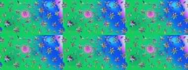 Raster illüstrasyonu. Yeşil ve mavi renklere karalamalar çizilmiş çiçek deseni.