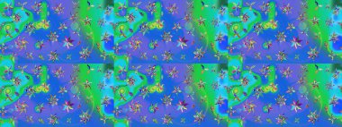 Hediye ambalaj kağıdı, tebrik kartları, posterler ve pankart tasarımı. Mavi ve yeşil renkli çiçekler. Raster düz çiçek çizim deseni.