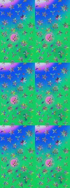 Soyut etnik raster çizim kalıbı. Vadinin yeşil ve mavi renkli çiçekleri. Çiçekler..