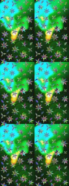 Renkli Bahar Teması eskiz kalıbı. Çiçek desenli eskiz. Düz Çiçek Elementleri Tasarım Raster illüstrasyonu. Yeşil ve mavi renkte çiçekler.